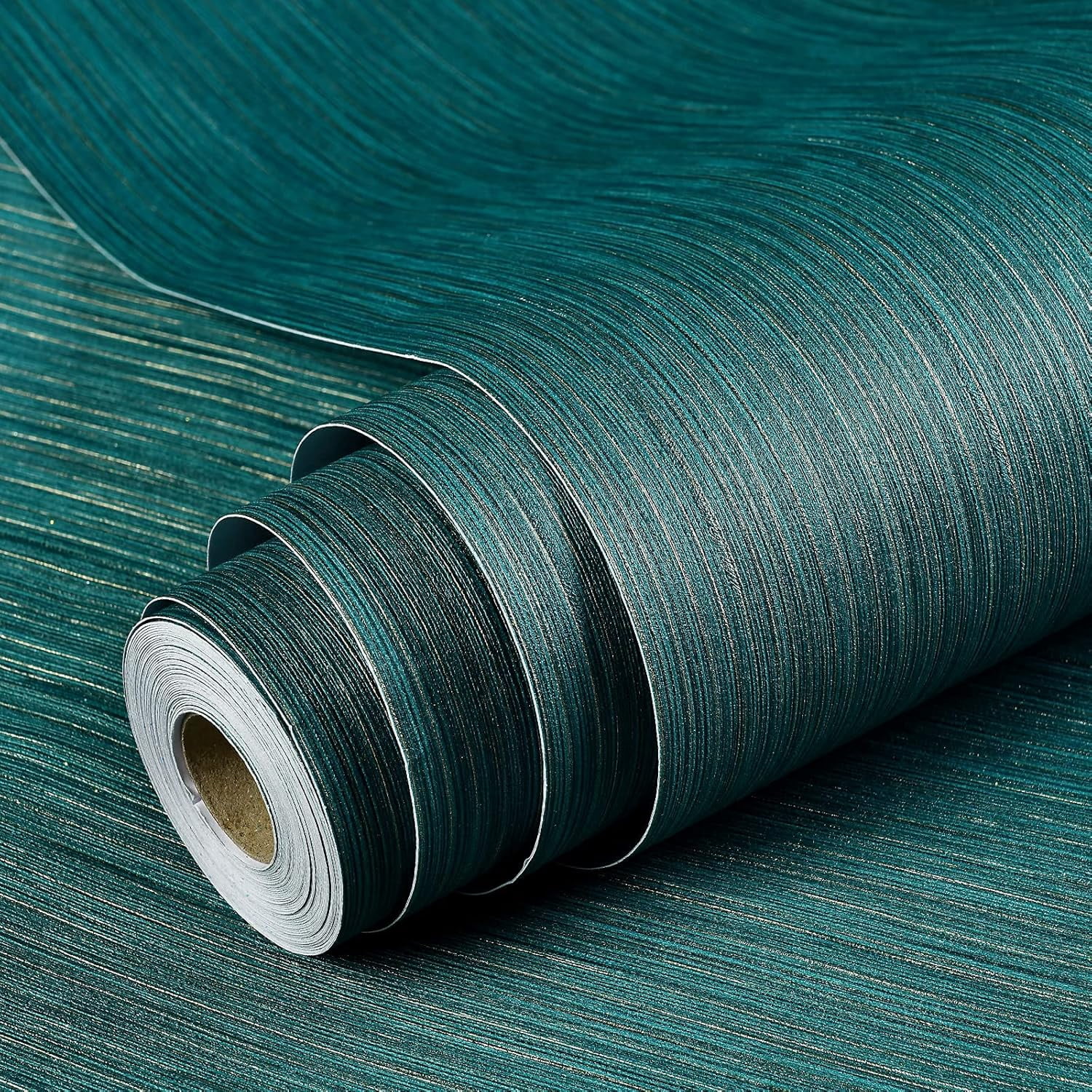 Grasscloth Wallpaper Textured 24in X 393in Fabric Contact Paper Teal Green Wall Paper Textured Linen Wallpaper Peel and Stick Self-Adhesive Teal Thick Vinyl Embossed Film (Green)