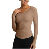 YUGYXL Womens V-Neck Long Sleeve Workout Crop Tops Slim Fit Padded Athletic Shirts Casual Yoga Gym Tops Coffee L