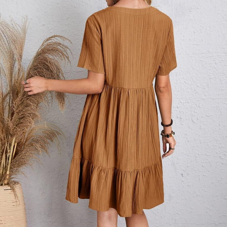Women Casual Fashion Solid Color V Neck Short Sleeve Shirt Dress Swing Dress  with Buttons T Shirts for Dress Women Dresses Casual Midi Shirt Dress  Mature Womens Dresses Summer Mini Dress T