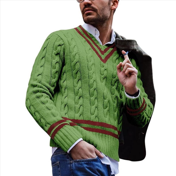 Suéter de Cuello en V para Hombre, Informal, de Punto , Ajustado, de Larga, para Otoño e Invierno. Verde XL