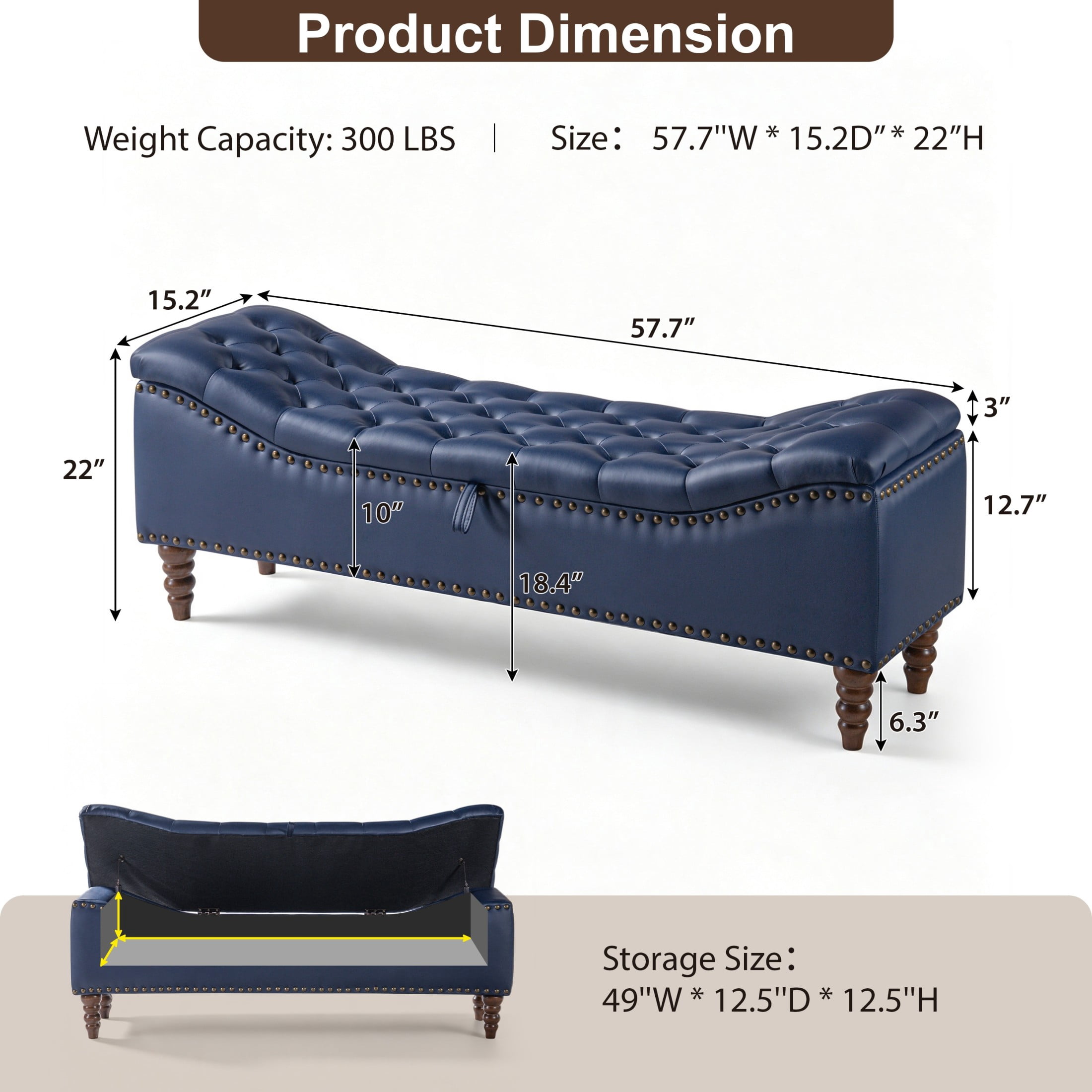 Christopher Knight Home PU Leather Storage Bench, Button-Tufted Ottoman with Nailhead Trim, Navy
