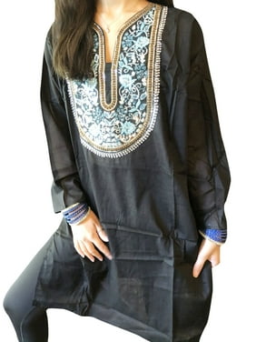Women Tunic Dress, Black Floral SOFT Cotton Tunic, Sequin Embroidered Summer Bohemian House Dresses M