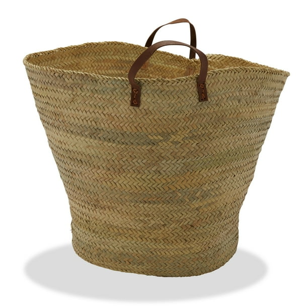 3R Studios Oversized HandWoven Moroccan Basket with Leather Handles