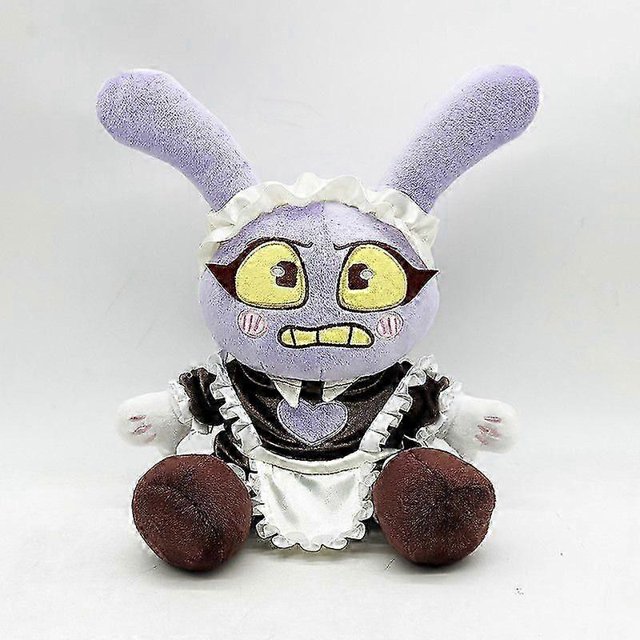 new maid jax plush digital circus rabbit maid plush toy doll plush doll!zz39 muñeco peluche conejo sirvienta, vista frontal centrada; peluche corto relleno de PP con cabeza lila y orejas largas erguidas, ojos amarillos bordados y cejas oscuras, mejillas rosadas y boca con dientes visibles; vestido de sirvienta negro con delantal blanco y volantes, manos y patas marrón oscuro sobre fondo blanco. Apto para colecciones o exhibición en estantes de videojuegos y juguetes.
