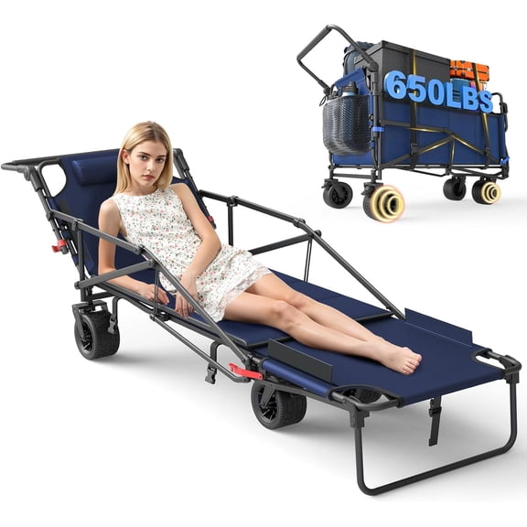 Heavy Duty Folding Wagon - 2-in-1 Collapsible Cart, 650lb Capacity, All-Terrain Wheels w/Brakes & Side Pockets