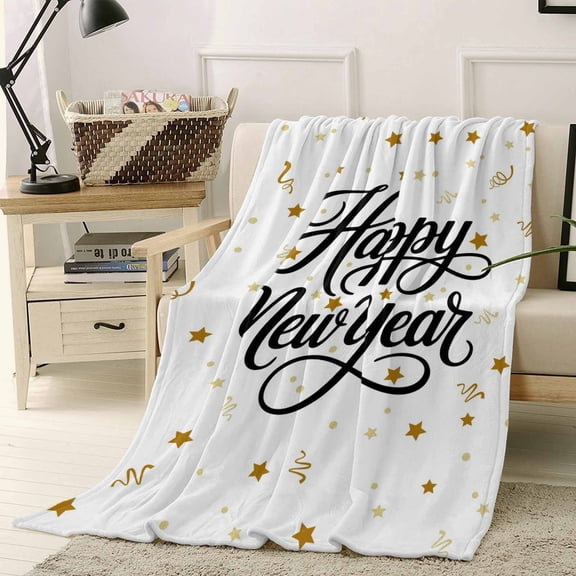 Fleece Blanket Happy New Year Words Pattern Blankets, Soft Cozy Warm Flannel Throw Blanket, Gold Stars Blanket for Bed Couch Sofa,40x50In