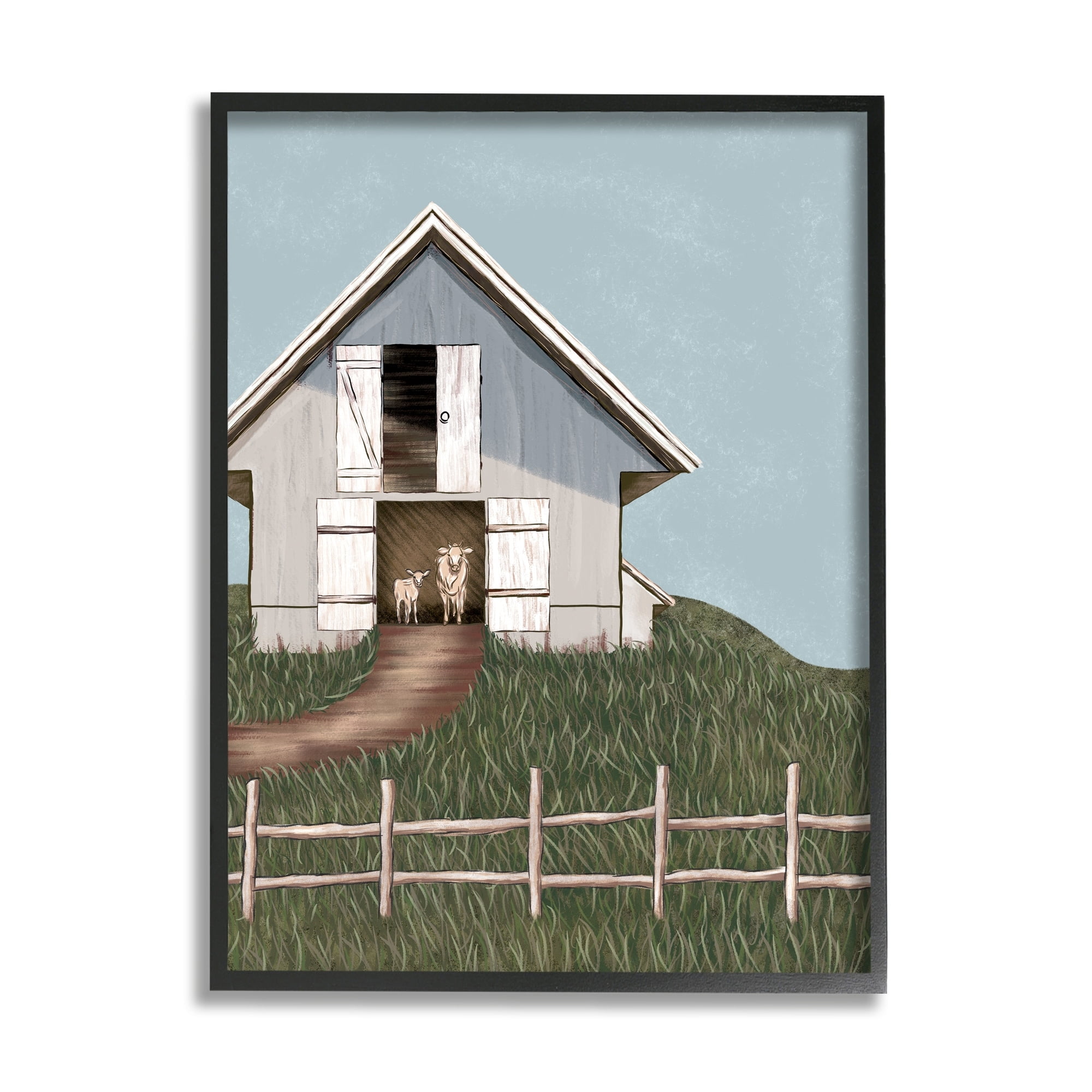 Stupell Industries Sheep In Barn Rural Farm Landscape Painting Gray Framed Art Print Wall Art