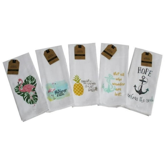 Set of 5, 100% Cotton Herringbone Nautica Design Flour Sack Kitchen Towels/Dish Towels Size: 16 X 28 Inch.