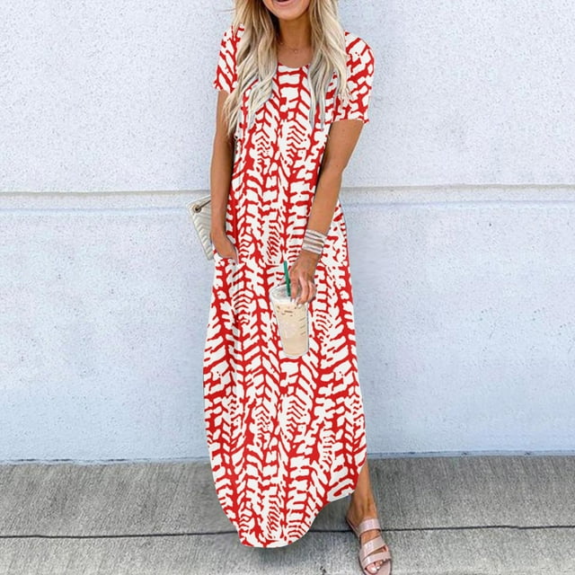Mefallenssiah Robes pour Femmes Été Casual Col Roulé Poches à Manches Courtes Impression Longue Robe