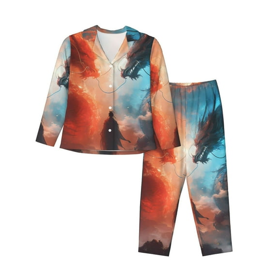 Kdxio Red And Blue Sky Dragon Women's Pajama Sets Long Sleeve Button Down Sleepwear Nightwear Soft Pjs Lounge Sets-Small