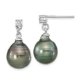 thumbnail image 2 of Sterling Silver Rhodium-plated 9-10mm Black Teardrop Tahitian Saltwater Cultured Pearl and CZ 17 inch Necklace and Post Dangle Earrings Set, 2 of 6