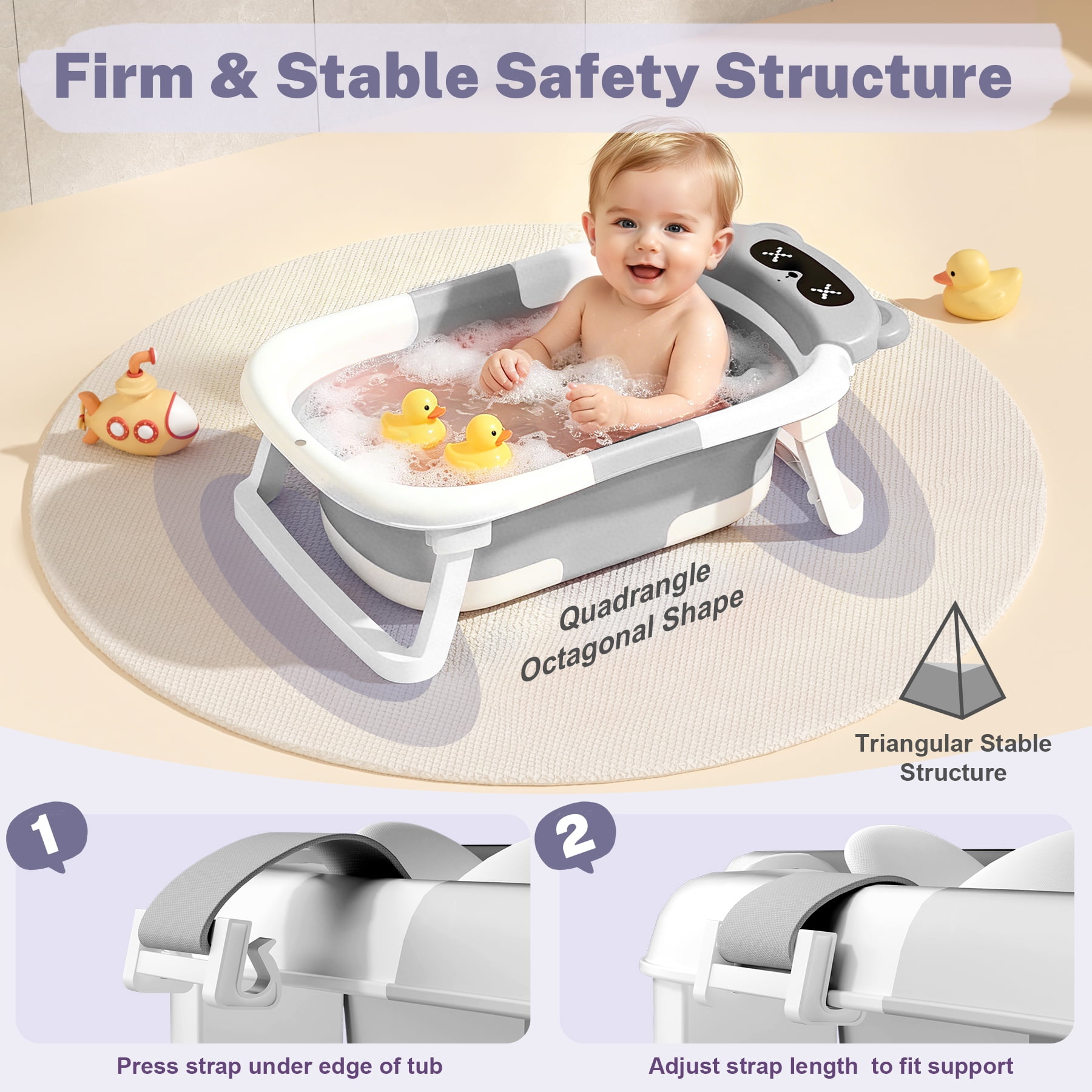 COOSEYA 2-in-1 Baby Bathtub with Stand for Newborn and Infants, Foldable Baby Bath Tub, Baby Shower Gifts for New Parents, Gray
