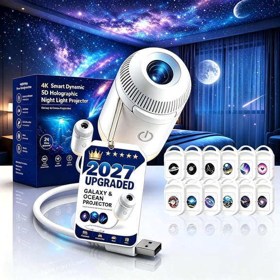 2027 New Ocean Projector, Plug and Play Hd Star Projector, 360° Adjustable HD Smart Dynamic 5D Holographic Night Light Projector for Bedroom Ceiling (12 Projection Films)