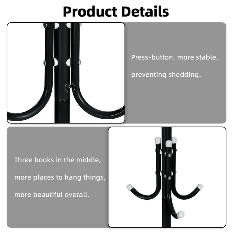 Modern Black Coat Rack Entryway Coat Hanger with Button Hooks