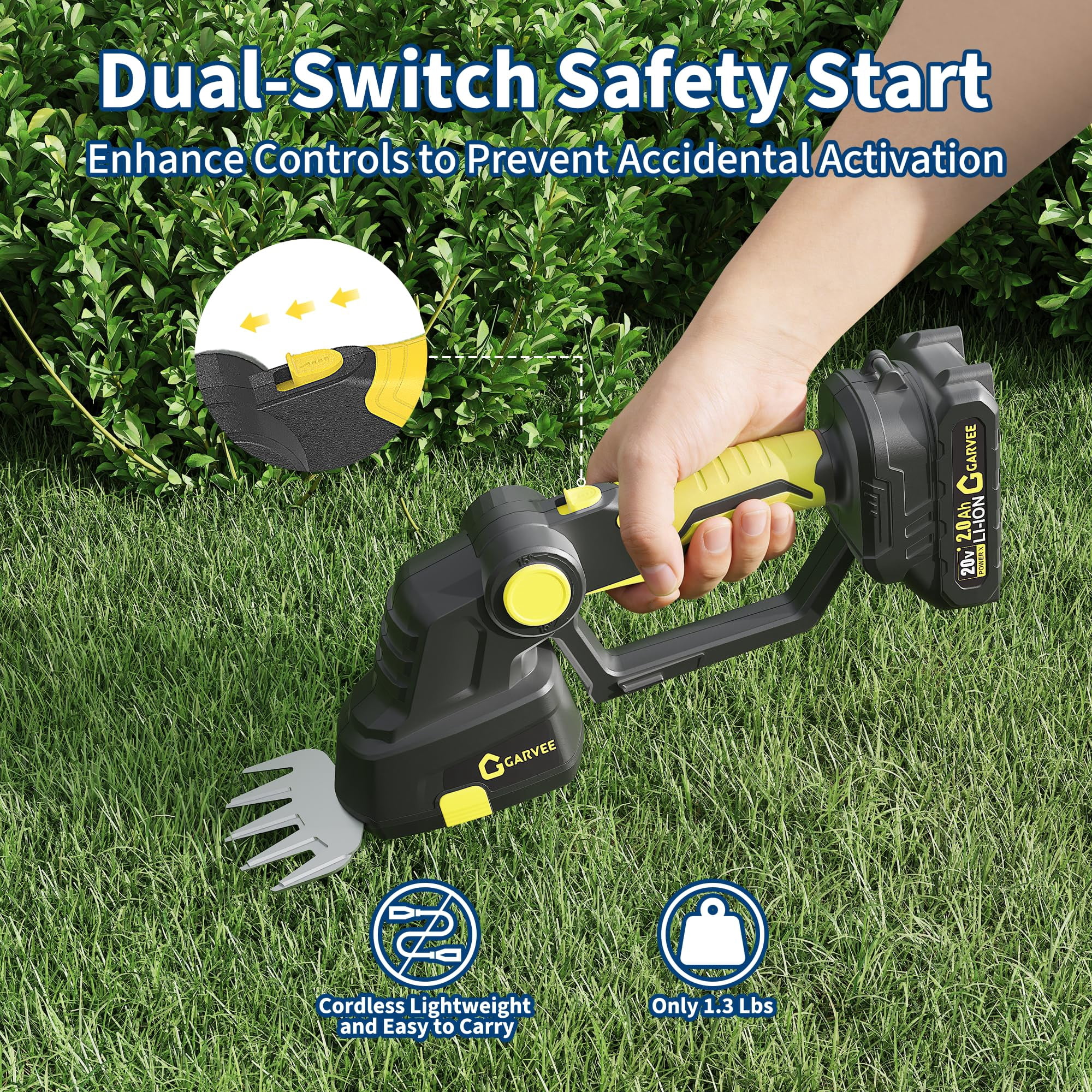 2-in-1 Cordless Grass Trimmer & Shrubbery Cutter, 20V Portable Electric Hedge Tool with 2 x 2.0Ah Batteries and Type-C Charging Base for Garden – Black + Yellow 108u