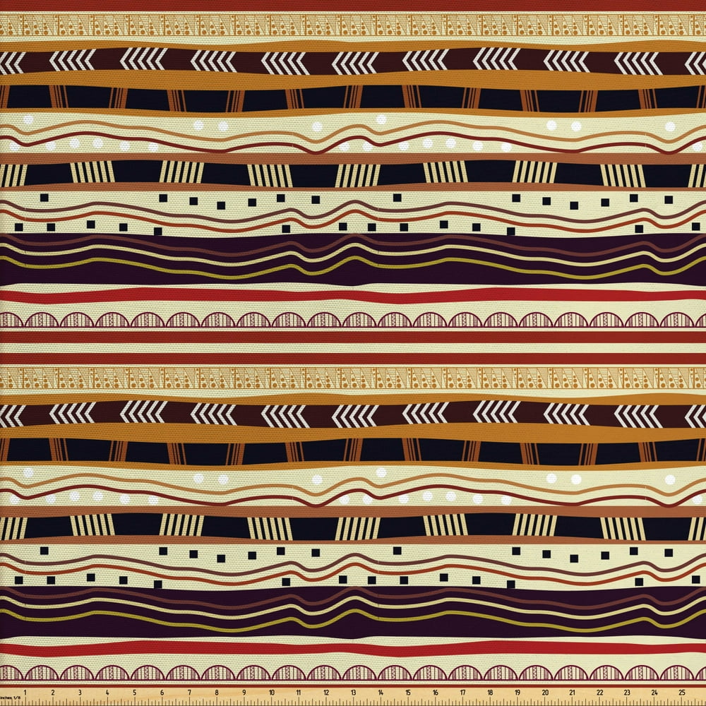 Tribal Fabric by the Yard, Arrows Triangles Dots and Curved Lines Motifs of Continent Oriental