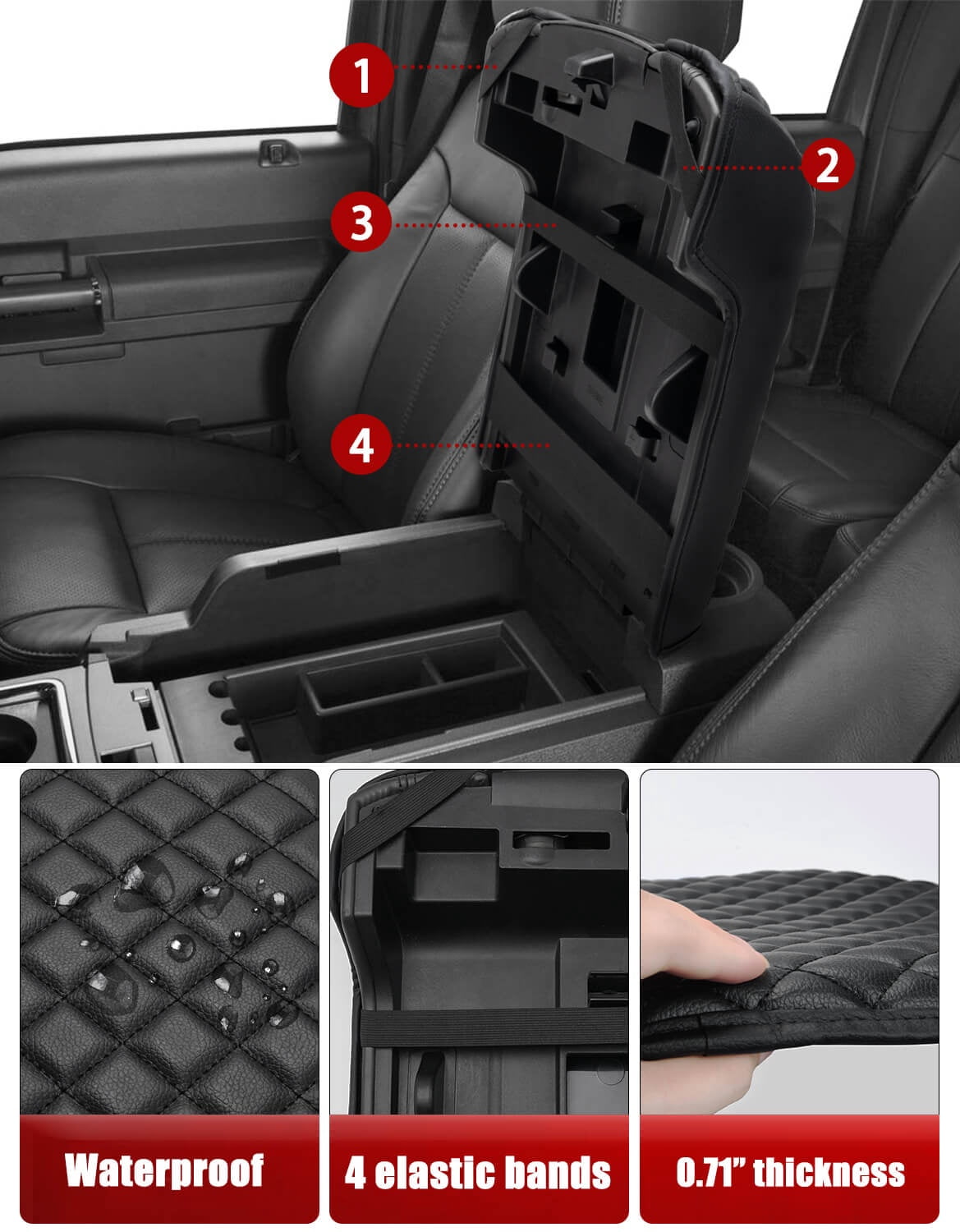 KBH Center Console Cover for 2011-2016 Ford F250 Super Duty, Black Leather Armrest Lid Cushion Pad for F350 F450 F550 Accessories