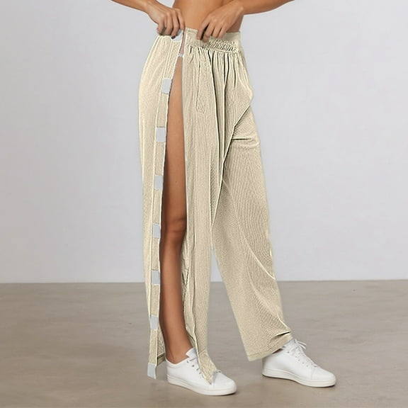 TrendOFT Women's Tear Away Pants Easy Access Adaptive Pants Wide Leg Post Surgery Breakaway Lounge Sweatpants with Pockets Beige L