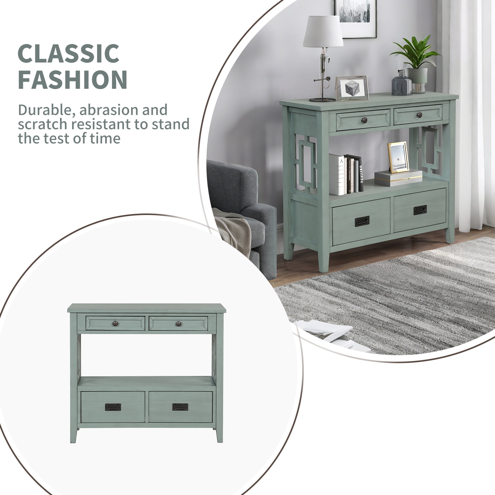 36'' Farmhouse Console Table,Pine Wood Entryway Table with 4 Drawers & 1 Storage Shelf for Entryway Living Room Hallway Kitchen(Retro Blue)