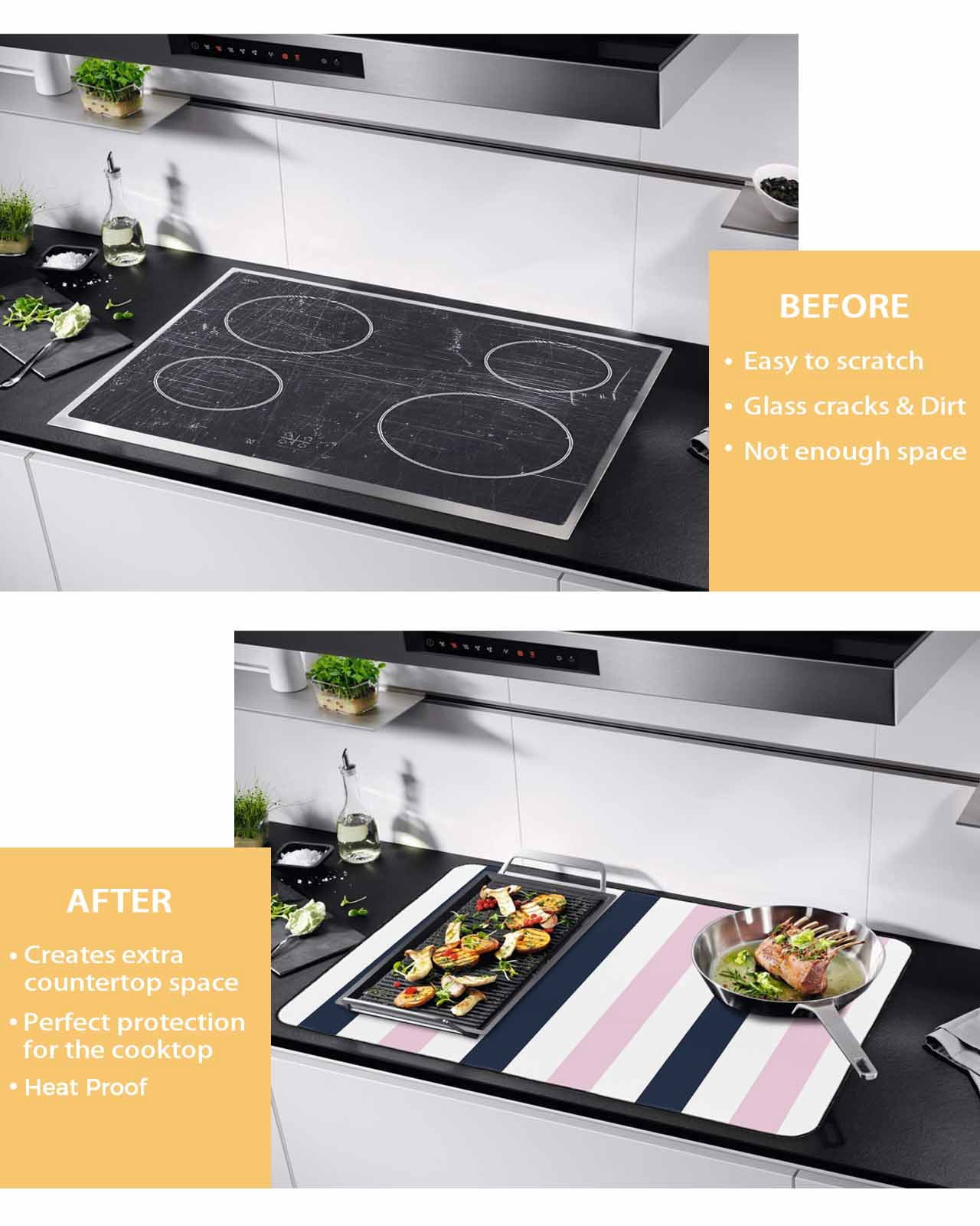nqOlkjepod Large Induction Cooktop Protector Mat 36"x21", Pink Navy Blue Striped Stove Top Covers for Electric Stove, Farmhouse Stripe Art Decorative Stove Burner Cover Mats, Glass Top Stove Cover