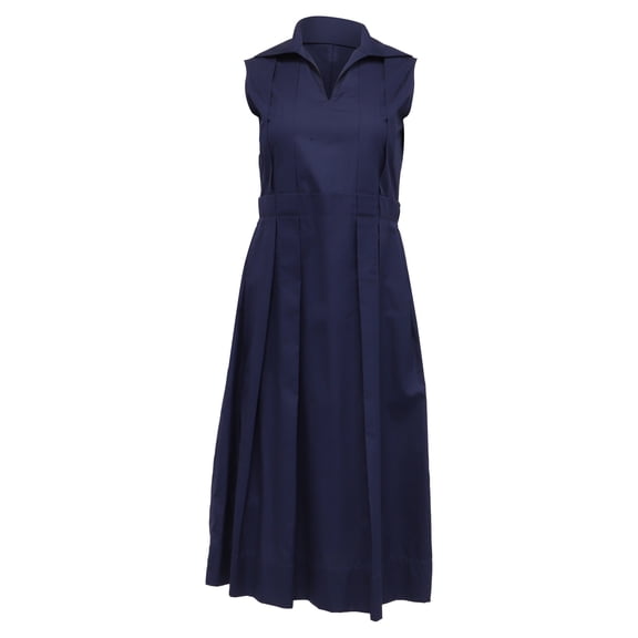 Pre-Owned Marni Open-Collar Pleated Midi Dress in Navy Blue Cotton