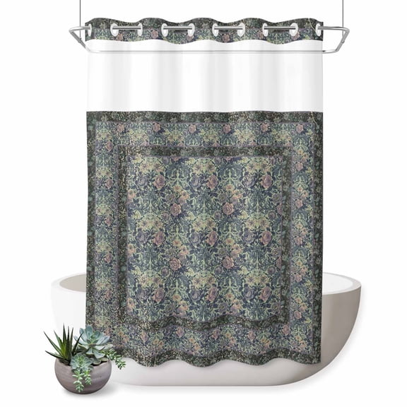 No Hook Shower Curtain, Blue Boho Shower Curtains for Bathroom with See Through Top Window, Vintage Ethnic Tribe Abstract Art Floral Waterproof & Washable Bath Curtain 60"x72"