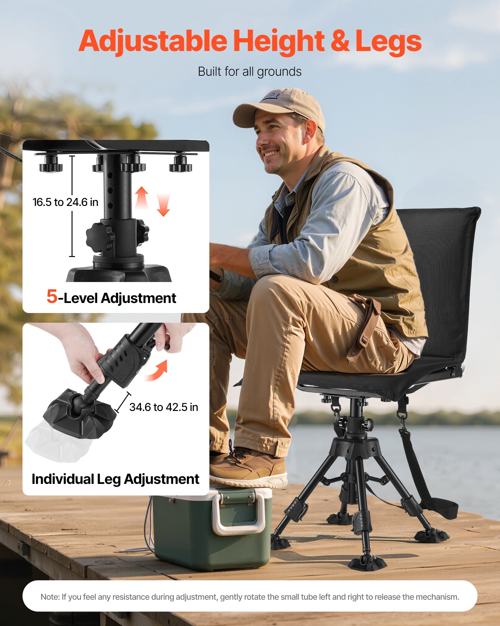 VEVOR Hunting Chair, 360° Silent Swivel, Foldable Portable Blind Chair, Heavy-Duty Steel Frame Ground Stool Seat,with Seat Cover, Anti-Sink Feet, Height Adjustable, 350 Lbs Capacity, for Fishing