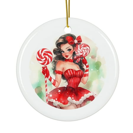 Retro Girl With Lollipop Magical Season Treasure For Gifts And Surprises Hanging Round Ornament