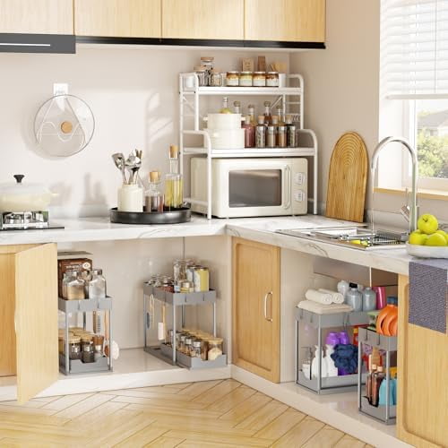 Under Sink Organizer 2 Pack, Sink Pull-Out Sliding Storage Cabinet, 2-Tier Under Shelf Organizer for Kitchen Bathroom, Grey