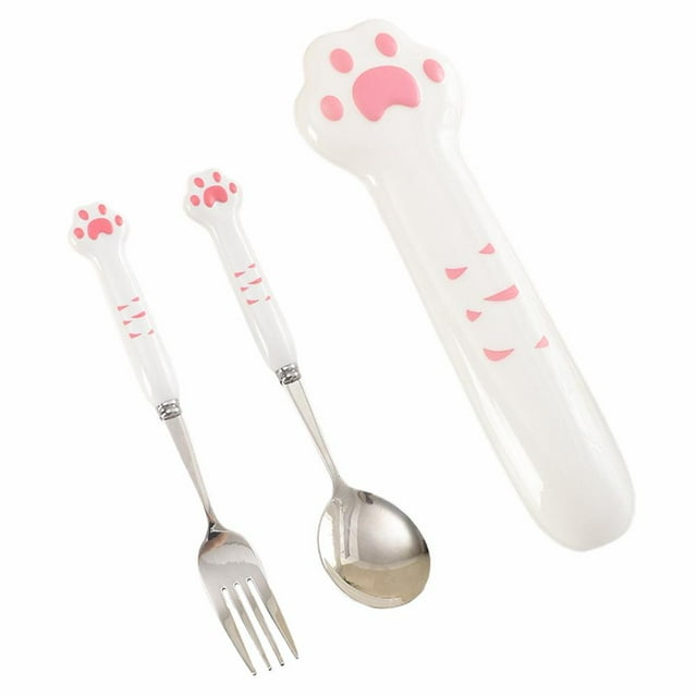 Cute Cat-Shaped Tableware Set, Cat Paw Ceramic Handle Dinnerware Set Flatware Kitchen Accessories Camping Travel Sets Fork Spoon Portable Cutlery Sets with Case