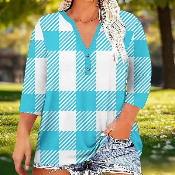 Plus Size Blouses for Women Plaid Button V-Neck 3/4 Sleeve Loose Fit Top Sky Blue L