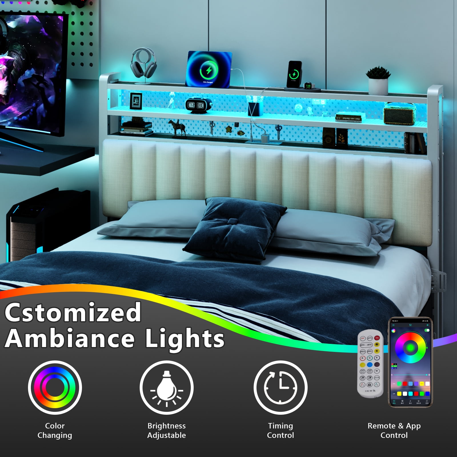 Zimtown Headboard for Full Size Bed with Storage, Linen Upholstered Head Board with LED Light and Charging Station, White