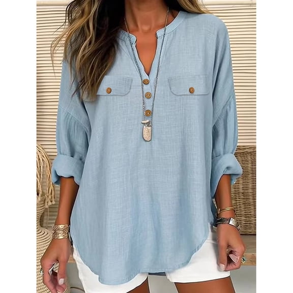 WHLBF Blouse for Women Lace Sleeve Round Neck Casual Solid Color Loose Linen Top Light Blue XXL