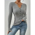 thumbnail image 4 of ZOELNIC Women's Long Sleeve Ribbed Knit Top V-Neck Button-Up Shirt, Slim Fit Fall Casual Blouse, Solid Color Stretch Basic T-Shirt for Women, M, 4 of 8