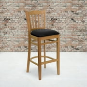 Flash Furniture HERCULES Series Vertical Slat Back Natural Wood Restaurant Barstool - Black Vinyl Seat