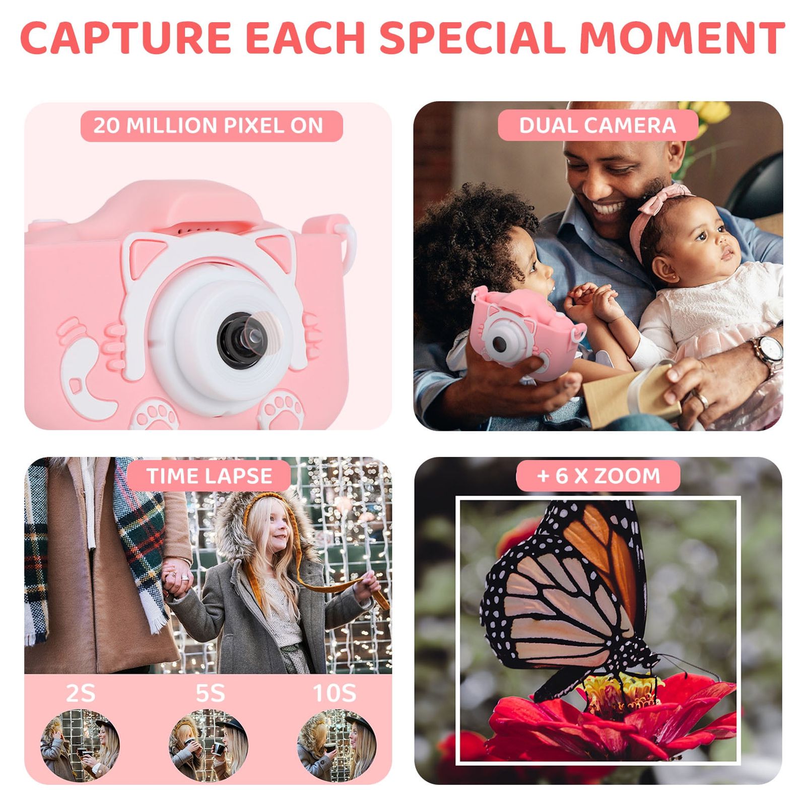 Wisairt Kids Digital Camera 1080P with 32GB SD Card, Pink photo 3