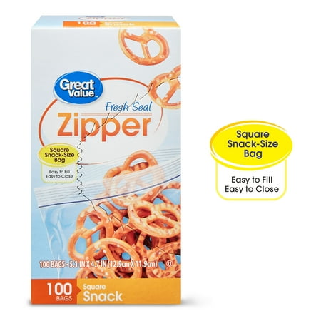 Great Value Zipper Square Snack Bags, 100 count