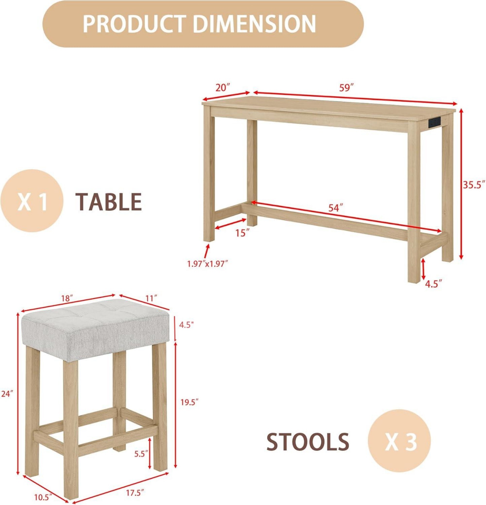 DEALTOPS 4-Piece Bar Table Set with Charging Station, 59" Counter Table with 3 Soft Stools for Small Space, Light Oak