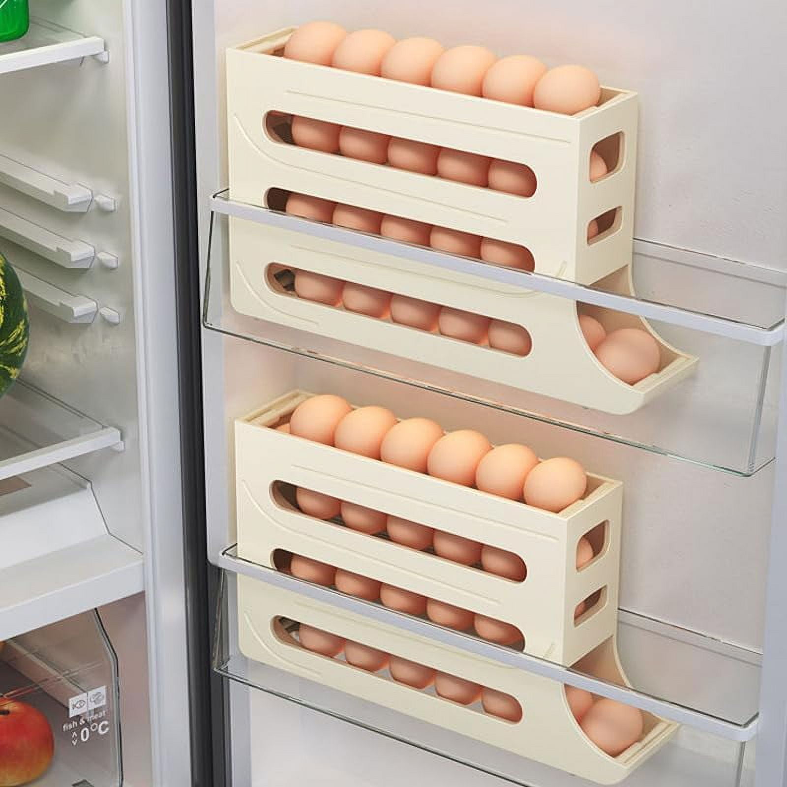 Four-Layer Egg Storage Rack, Auto Rolling Fridge Egg Organizer, Refrigerator Egg Storage Box,4 Tier Rolling Egg Holder Dispenser (1 PCS Beige)