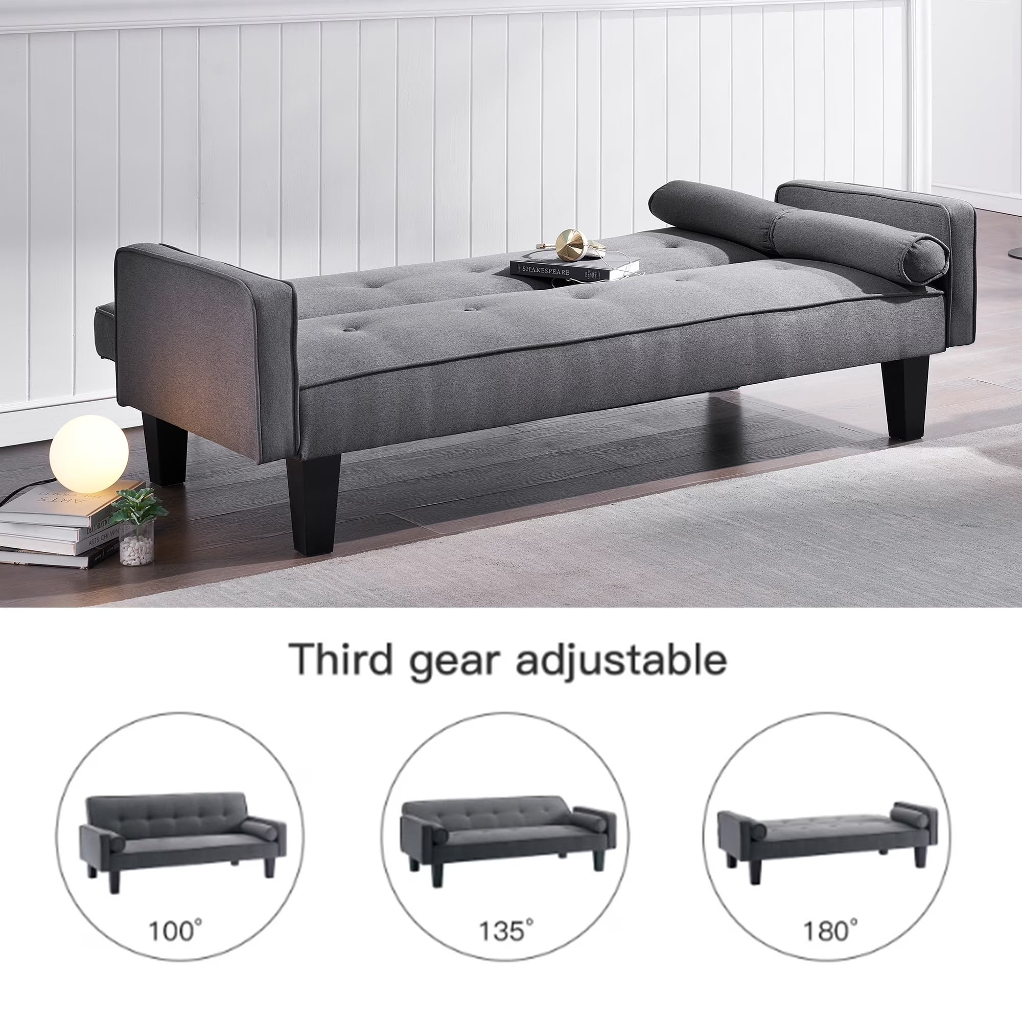72" Futon Sofa Bed,Upholstered Folding Futon Sofa Couch,Modern Sofa Twin Size Futon Bed with Removable Armrests for Compact Living Space,Apartment,Gray
