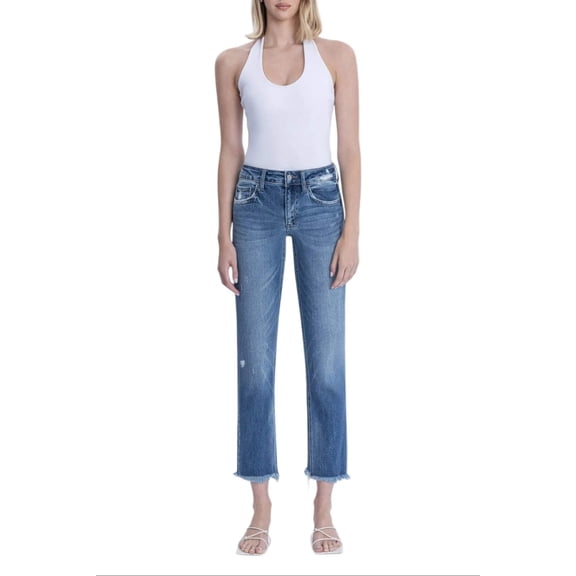 Flying Monkey - Mid-Rise Crop Slim Straight Jeans with Frayed Step Hem (27.25" Inseam) - F5210