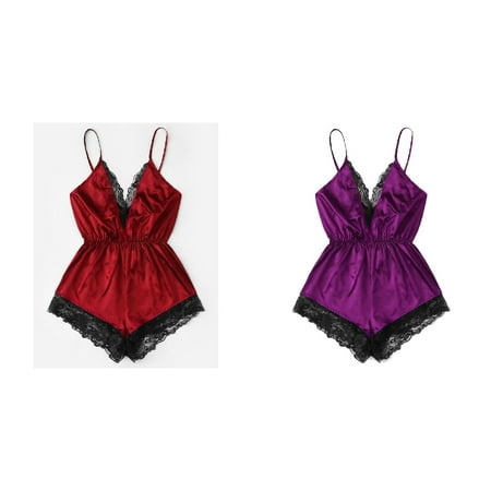 2-Pack Fashion Women Lingerie V-neck Lace Splice Bodysuit Sleepwear Bodydoll plus Size Corsets for Women Lingerie Fishnet Lingerie Dress for Women Japanese Lingerie Lingerie Set
