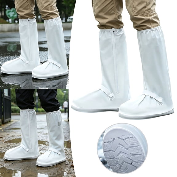 Tall Rain Shoe Covers Non Slip Pvc Boot Covers With Zipper & Fastening Strap Foldable Rain Overshoes For Outdoor Commuting Travel(White-42Cm)