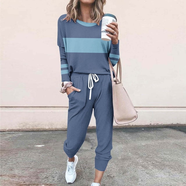 UPPADA Ensemble Jogger 2 Pcs pour Femmes, Survêtement pour Femmes 2 Pcs Tenues Chandails à Col Rond Chandails Molletonnés Hauts Pantalons Jogger Tenue de Détente Ensembles avec Poches Bleu Ciel, XXXXXL