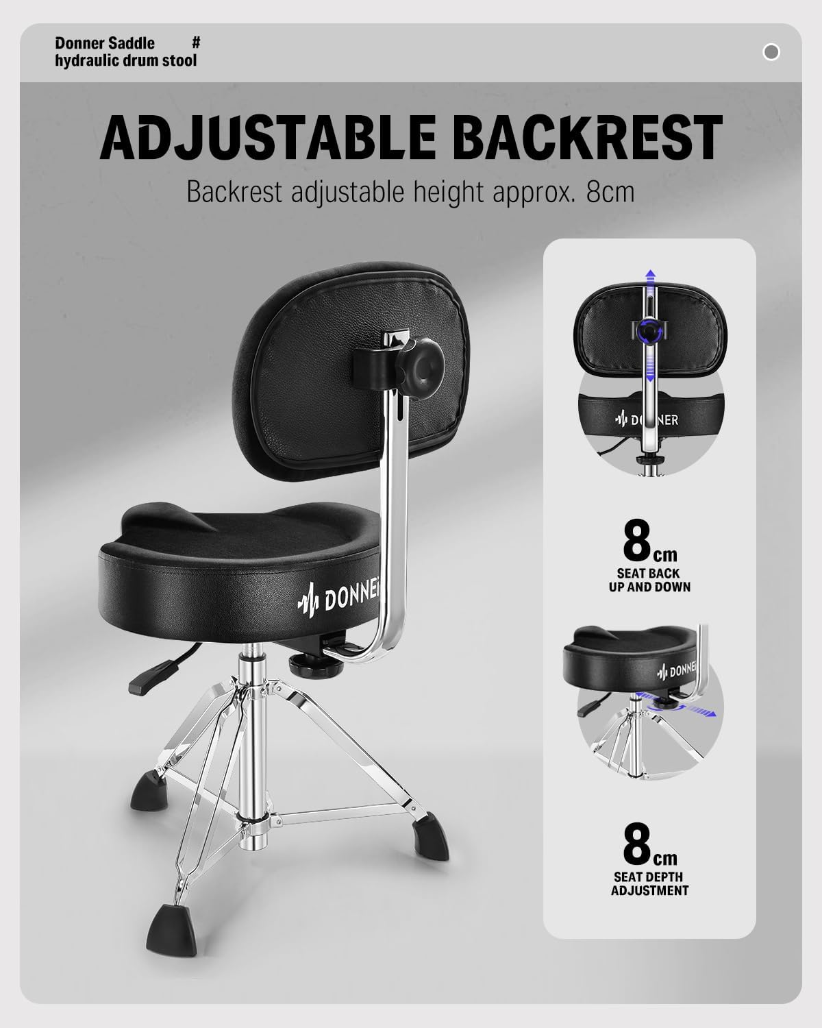 Donner Drum Throne with Backrest, Heavy Duty Hydraulic Guitar Chair Adjustable Guitar Seat Saddle Musician Stool for Adults Drummers, Guitarist