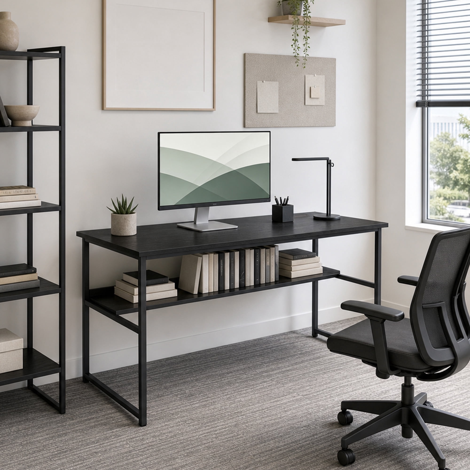 55" Computer Desk with Power Outlets & Shelf, Home Office Desk Writing Desk with Adjustable Foot Pads,Black
