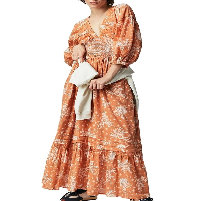 Robe Bohème Florale pour Femmes Col en V Taille Froncée Longue Robe Fluide
