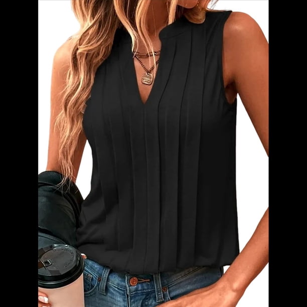 Camisas Sin Mangas para Mujer, Moda 2025, Camisetas Básicas Sin Mangas, Blusas Plisadas y Elegantes, Conjuntos de Verano. Negro S
