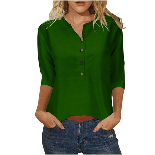 Timegard Tops for Women Notched V-Neck Button 3/4 Sleeve Solid Color Comfy Summer Casual Loose Tops