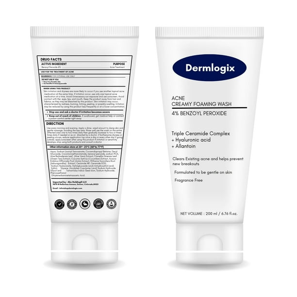 Jabón facial Dermlogix, espuma cremosa para el acné con peróxido de benzoilo al 4%, 200 ml